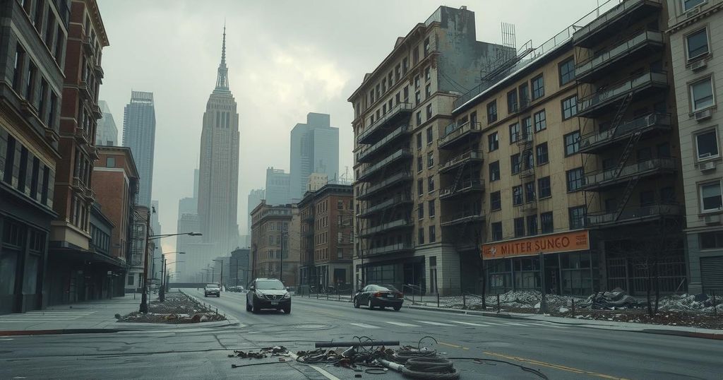 A desolate urban landscape showing abandoned buildings and deserted streets during a health crisis.