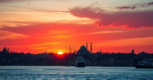 Istanbul skyline at sunset, representing peace talks with a warm, serene color palette.