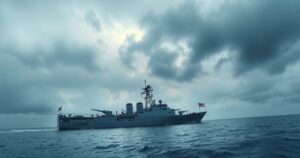 A naval vessel conducting inspections at sea under a cloudy sky, representing maritime security and regulation efforts.