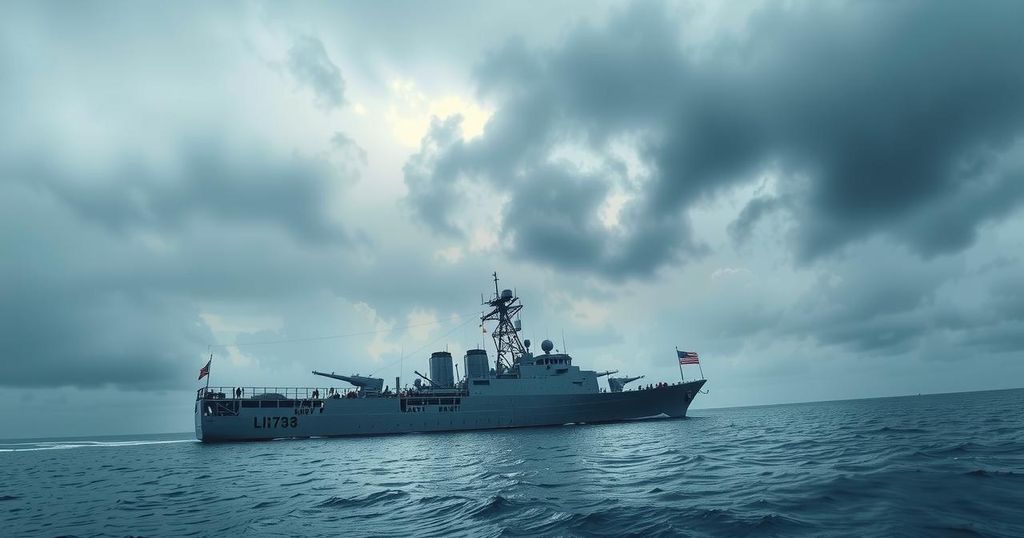 A naval vessel conducting inspections at sea under a cloudy sky, representing maritime security and regulation efforts.