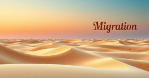A vast desert landscape symbolizing migration, with muted earth tones and a serene sky in soft gradients.