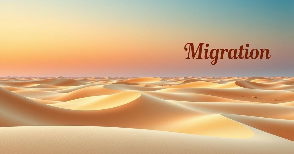 A vast desert landscape symbolizing migration, with muted earth tones and a serene sky in soft gradients.