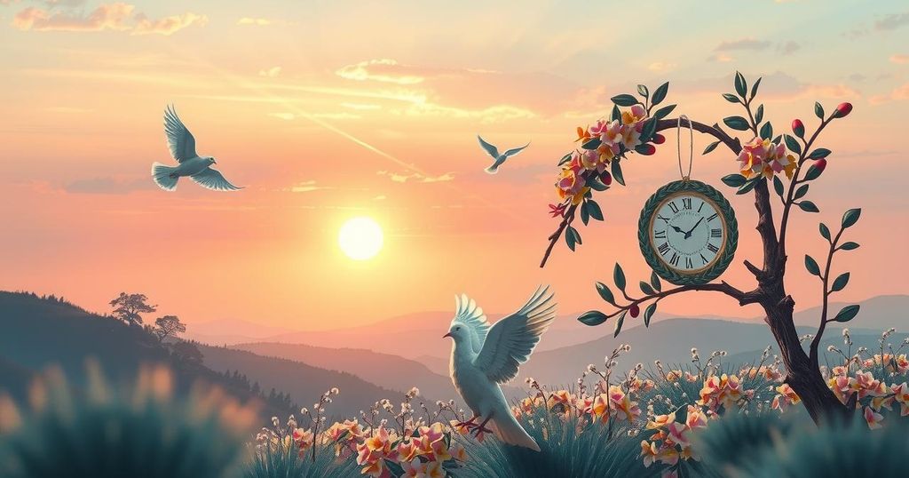 A united front representing hope, peace, and resilience with a radiant sunset and diverse symbols of unity.