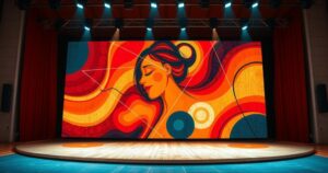 A theater stage with abstract decorations, representing art's resilience in war, featuring warm colors and dynamic shapes.