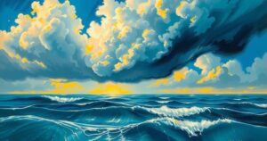 Tropical weather forecast with vibrant storm clouds over the ocean in the summer sun.