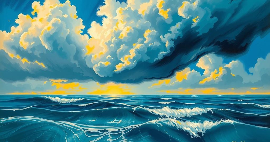 Tropical weather forecast with vibrant storm clouds over the ocean in the summer sun.