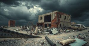 A dramatic depiction of a crumbling building symbolizing political instability and conflict in Syria.
