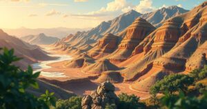 A vibrant landscape illustrating vast lithium deposits in Sierra Leone, depicted in a realistic style with warm earth tones.