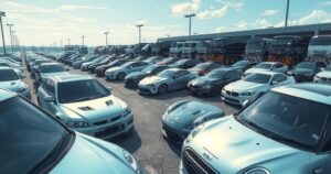 A symbolic representation of car imports featuring various cars in shades of blue and gray representing growth.