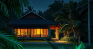 A tranquil house exterior with tropical foliage in Timor-Leste at night, representing a peaceful setting amidst chaos.