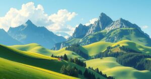 A serene landscape of Switzerland, showcasing lush green mountains under a blue sky with clouds, emphasizing health and unity.