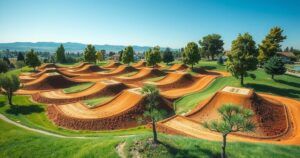 A motocross track with dirt ramps and trees under a clear blue sky, showcasing a vibrant community environment.