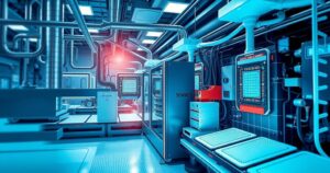 A vibrant semiconductor factory scene with machinery, chips, and bright colors illustrating tech advancements.