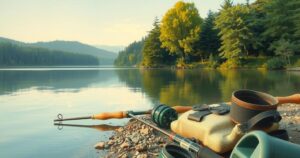 A serene lake with fishing equipment nearby, surrounded by lush greenery, reflecting a peaceful nature scene.