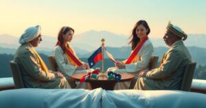A strategic visual depicting a peace summit with symbolic flags and a serene backdrop, fostering dialogue and resolution.