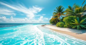 A serene beach setting in the Chagos Islands with turquoise waters and white sand, showcasing tropical plants and a clear blue sky.