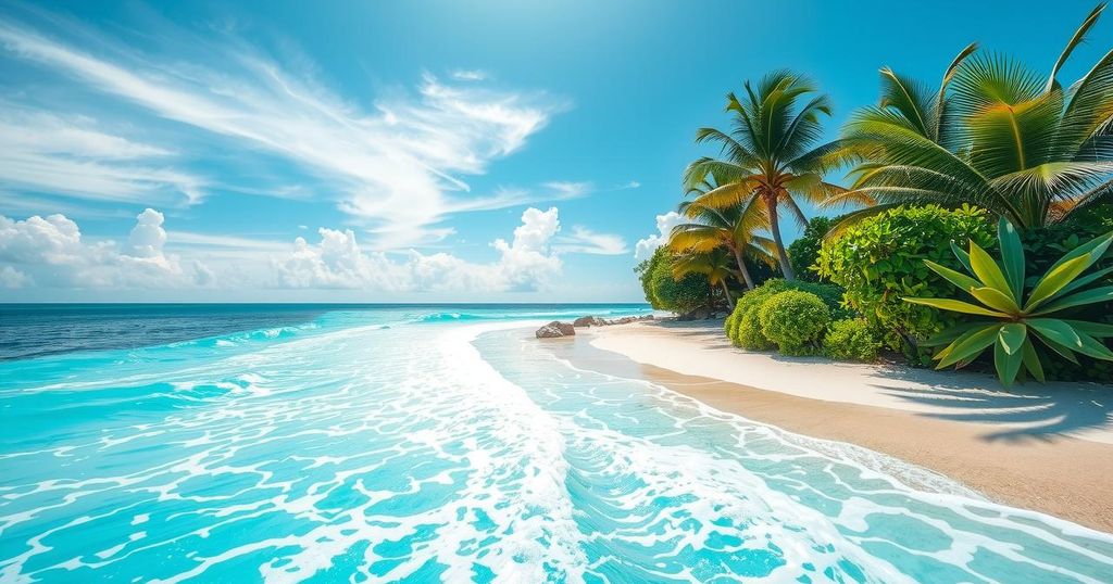 A serene beach setting in the Chagos Islands with turquoise waters and white sand, showcasing tropical plants and a clear blue sky.