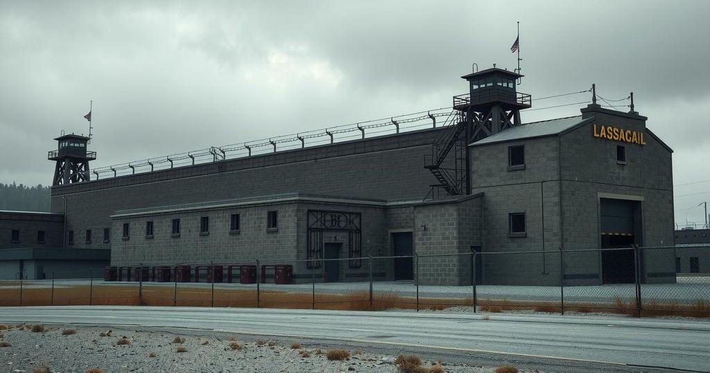 A dramatic image of a fortified prison in El Salvador, showcasing heavy security and a bleak atmosphere.