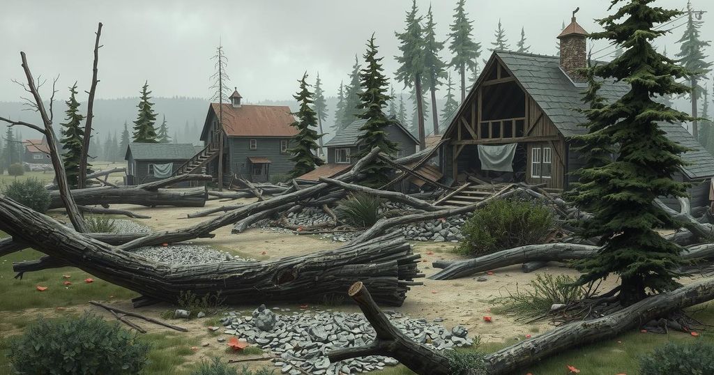 A devastated landscape with fallen trees and destroyed buildings after a natural disaster.
