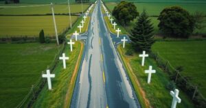 Aerial view of rural road with white crosses sides, symbolizing a memorial in South Africa, surrounded by greenery.
