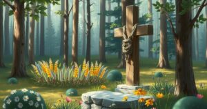 A serene wooded landscape with a rustic wooden cross marking a burial site, surrounded by colorful wildflowers.