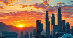 A vibrant city skyline at sunset, symbolizing diplomatic meetings and global relations with warm hues.
