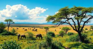 A vibrant Kenyan landscape showcasing wildlife, dynamic colors, and cultural elements, symbolizing connection and storytelling.