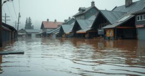 Flooded market area in northern Nigeria with submerged structures and brown water currents under a grey sky.