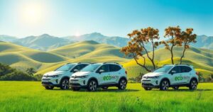 Electric vehicles showcased in a vibrant Ethiopian setting with green energy themes and modern design elements.