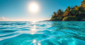 A serene tropical ocean scene with calm waters under a bright sun, in vibrant tropical colors depicting a seasonal change.