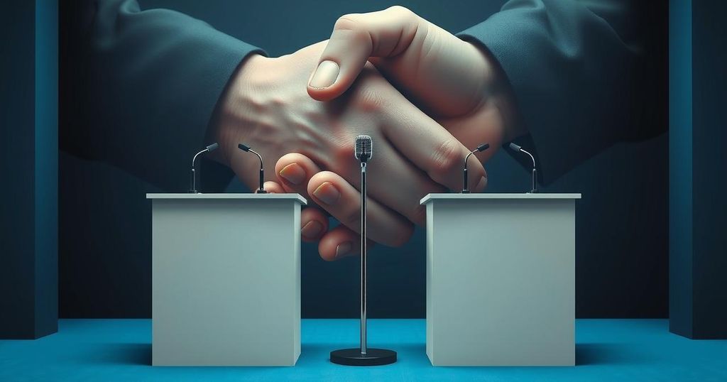 Diplomatic meeting with tension, featuring a symbolic handshake backdrop and flags, capturing political dynamics.