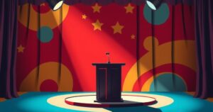A humorous cartoon depicting a stage with a spotlight, showcasing an empty podium and dimmed lights, in a lively setting.