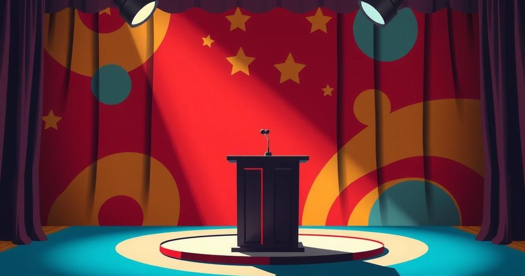 A humorous cartoon depicting a stage with a spotlight, showcasing an empty podium and dimmed lights, in a lively setting.