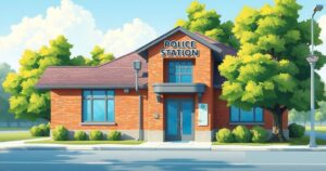 A serene police station facade under a clear blue sky, surrounded by green foliage, conveying a sense of safety and order.