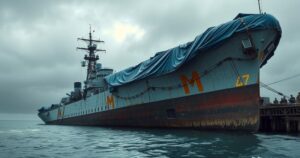 A capsized warship covered in blue tarpaulin at a dock, symbolizing naval power and failure in a somber scene.