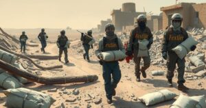 A somber scene depicting humanitarian workers carrying body bags in a war-torn area, reflecting conflicts in Africa.