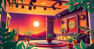 A vibrant Tanzanian sunset behind a TV studio, symbolizing creativity and local storytelling in entertainment.