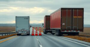 Trucks parked on the side of a road with traffic cones under a cloudy sky, depicting a crash site.