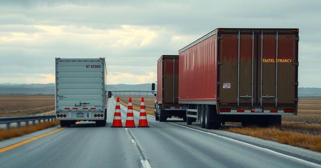 Trucks parked on the side of a road with traffic cones under a cloudy sky, depicting a crash site.