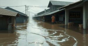 A flooded market with submerged rooftops, showcasing the impact of heavy rainfall and climate change in Nigeria.