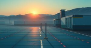 A serene military base landscape with a peaceful sky and quiet surroundings, illustrating hope and resilience.