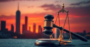 A symbolic representation of justice with a gavel and scales against a backdrop of a city skyline at dusk.