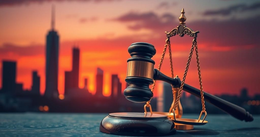 A symbolic representation of justice with a gavel and scales against a backdrop of a city skyline at dusk.