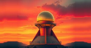 Concept of a golden dome missile defense system in a stylized design with a dramatic sunset background.