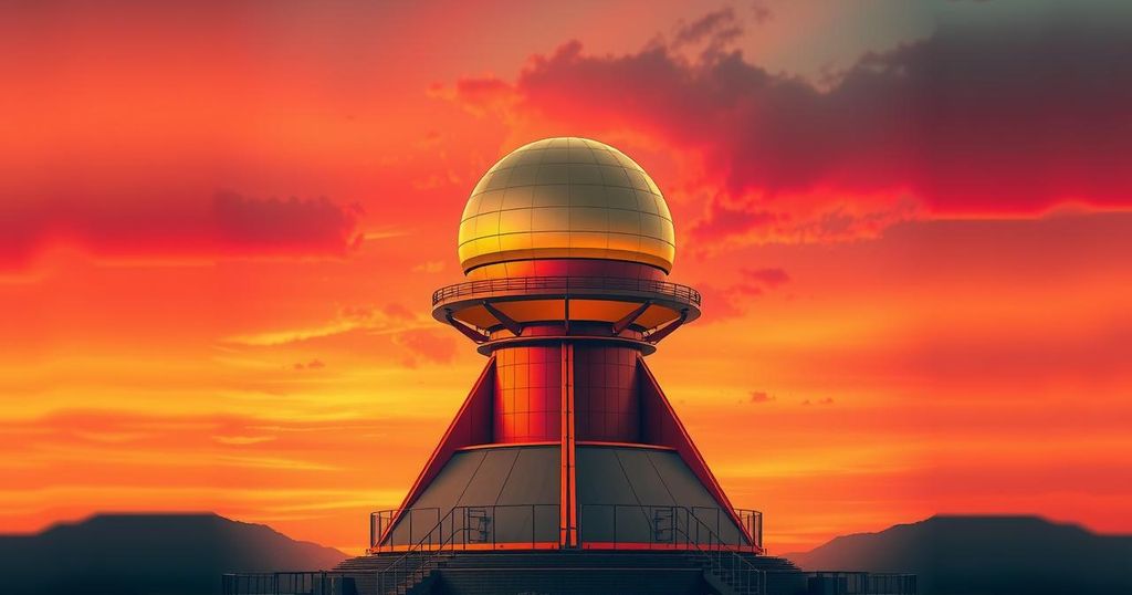 Concept of a golden dome missile defense system in a stylized design with a dramatic sunset background.