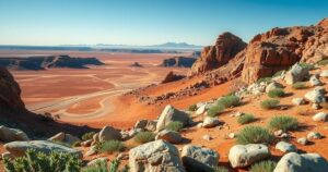 Scenic depiction of a Namibian landscape showcasing mineral exploration activities in an arid environment.