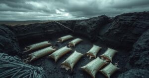 A somber mass burial site with dark soil and body bags, under a gray sky, reflecting a sense of mourning and loss.