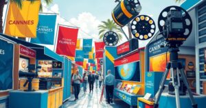 A vibrant Cannes film festival scene with film industry elements, showcasing a busy market atmosphere.