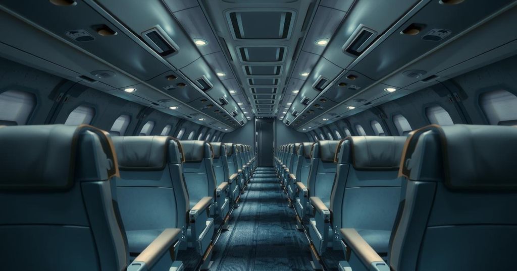 Empty chartered flight interior ready for departure bound for South Sudan