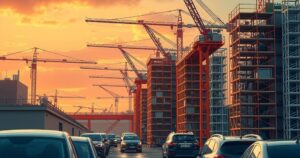 Construction site with cranes and scaffolding, depicting activity in electric vehicle manufacturing with a dramatic sky.